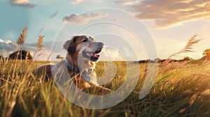 Dog Lounging In Field At Sunset