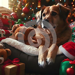 Dog lounging on a holiday-themed dog bed