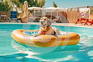 dog lounging on an inflatable pool raft under the sun