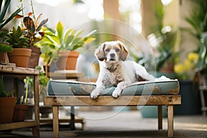dog lounging on a raised outdoor bed