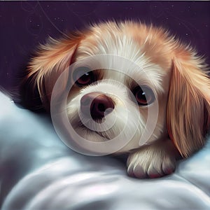 dog lying on a bed, cute illustration, ai generated image