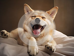 the dog lying on the bed laughing heartily