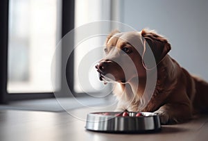 Dog lying near dry food bowl. Generate ai