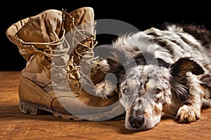 Dog lying next to combat boots photo