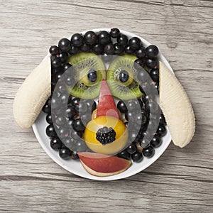 Dog made with juicy fruits on white plate