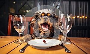 dog makes a funny angry face like its starving and demanding food while sitting at a nice table hangry concept