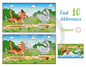 Dog in the meadow chasing a rabbit. Find 10 differences