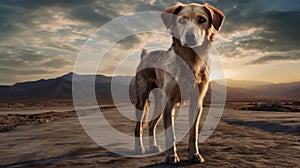 Dog in the middle of nowhere with the mountains and sunset at the background. AI Generated