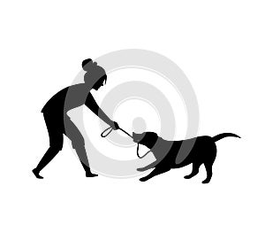 Dog misbehaving tugging biting on a leash during walking silhouette vector illustration graphic