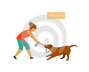 Dog misbehaving tugging biting on a leash during walking vector illustration