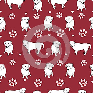 Dog mom. Happy Mother's day seamless pattern design dogs with paw prints red background