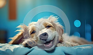 Dog mongrel on a bed is smiling, close-up, humorous