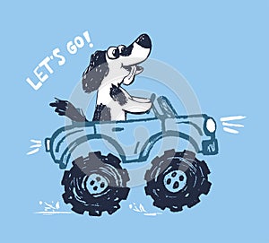 Dog monster, truck funny cool summer t-shirt print design. Racing car. Speed sport buggy big foot