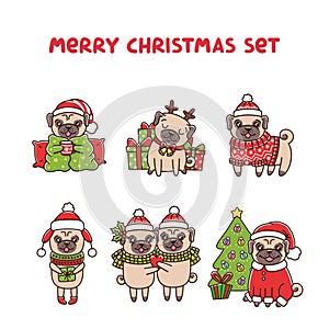 Merry christmas set dogs breed pug.