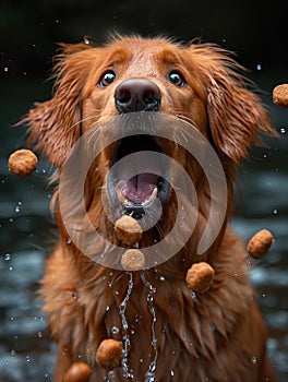 Dog With Open Mouth Eating Food.