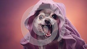 Dog Outfitted In A Spooky Vampire Cloak And Fangs For Halloween Pastel Light Purple And Light Crimso