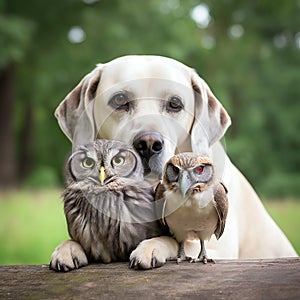 Dog and owl friends sitting together