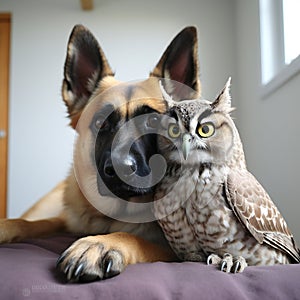 Dog and owl friends sitting together