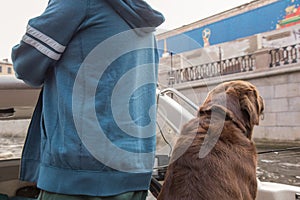 Dog owner and brown Labrador looking at the scenic autumn beauty from boat