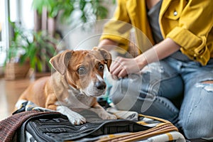Dog owner packing a suitcase with pets essentials. Dog sitting in the suitcase and waiting for a trip. Generative AI