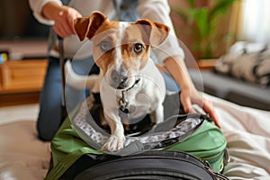 Dog owner packing a suitcase with pets essentials. Dog sitting in the suitcase and waiting for a trip. Generative AI