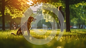 Dog and owner in the park in the evening light