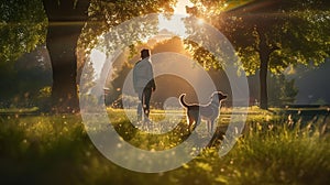 Dog and owner in the park in the evening light