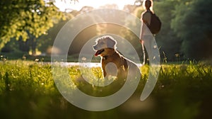 Dog and owner in the park in the evening light