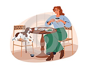 Dog owner and puppy in pet-friendly cafe. Woman eating in restaurant with cute doggy at table. Female character and