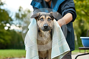 dog owner toweling off a halfshaken dog outdoors