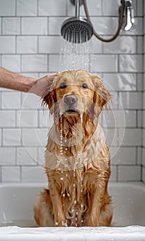 Dog owner washing his lovely friend. Funny golden retriever adult dog sitting in white bathtub in bathroom under shower flows.