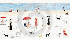 Chic Illustration: Women And Dogs At The Beach photo