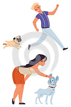 Dog owners. Happy people walking pets outdoor. Woman caring poodle. Man running with pug. Domestic animals. Canine