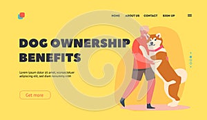 Dog Ownership Benefits Landing Page Template. Childhood, Love and Tenderness to Animals Concept with Happy Kid Hug Dog