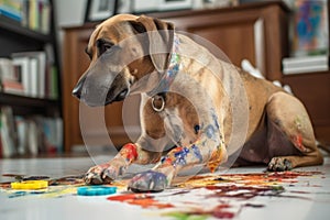 dog with paintbrush in paw, painting abstract masterpiece