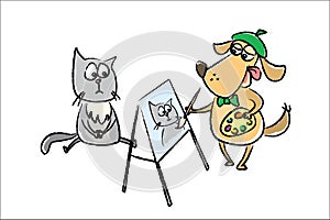 Dog painter paints a portrait of a cat,cute and funny pets