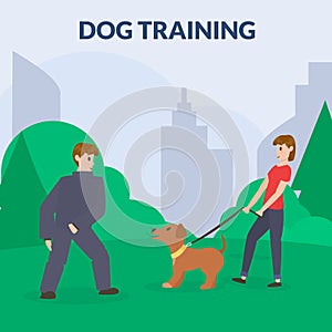 Dog park with sport equipment. A woman training dog. Cynology.Barking dog,attack. Flat vector.