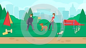 Dog park with sport equipment. A women training dog. Cynology.Barking dog,attack. Flat vector