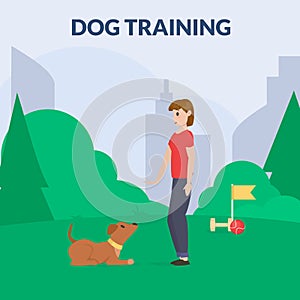 Dog park with sport equipment. A women training dog. Cynology. Command lay down. Flat vector.