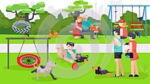 Dog park, vector illustration. People man woman cartoon lifestyle with pet at outdoor nature. Happy female male person