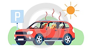 Dog in parked car is at risk of heat stroke. Hot temperature. Owner leaving puppy in automobile. Pets safety. Panting