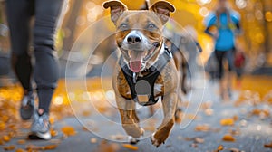 A dog participating in a Canine Fitness Month parade, wearing a custom fitness tracker and sporty gear, to promote