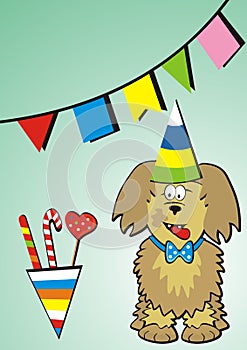 Dog with party cap, conceptual funny vector illustration, eps.