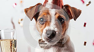 A dog in a party hat with a champagne glass