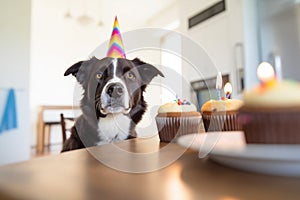 Dog with party hat sitting in front of birthday cupcakes.