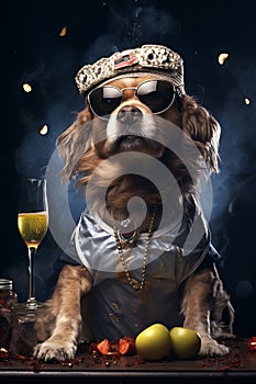 Dog at a party wearing sunglasses