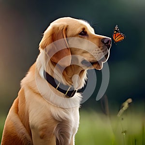 Dog patiently interacting with a butterfly - ai generated image