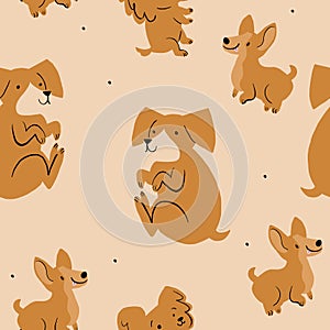 Dog Pattern Seamless. Brown dogs on beige tan background.