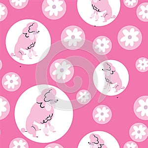 Dog Pattern Seamless. Pink Poodle on pink background with polka dots.