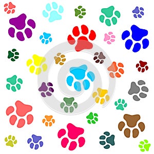 Dog paw.Abstract multicolored photo with dog paws. Pattern with traces.
